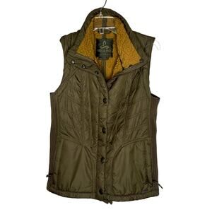 prAna Womans M Diva Puffer Vest Snap Button Shearling Lined Cozy Olive Green